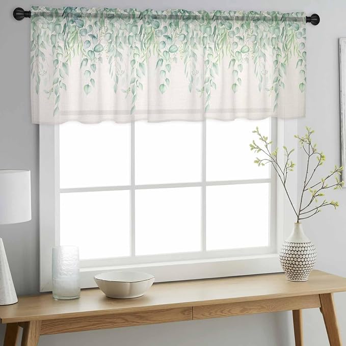 Green Leaf Sheer Valance Curtains, Eucalyptus Leaves Vintage Linen Texture - Image 3