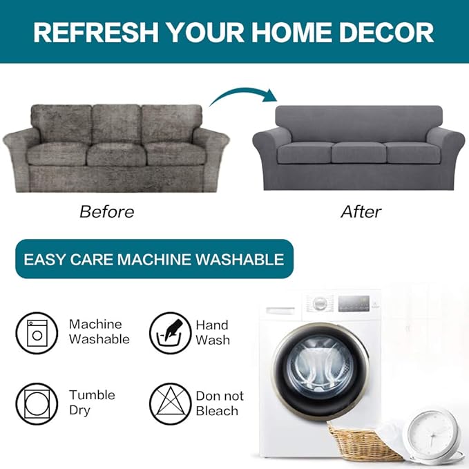 Turquoize 4 Piece Sofa Covers for 3 Cushion Couch Sofa Slipcover Soft Couch Cover for Dogs-Washable Sofa Furniture Covers with 3 Individual Large Cushion Covers, Feature Thick Fabric (XL Sofa, Gray)
