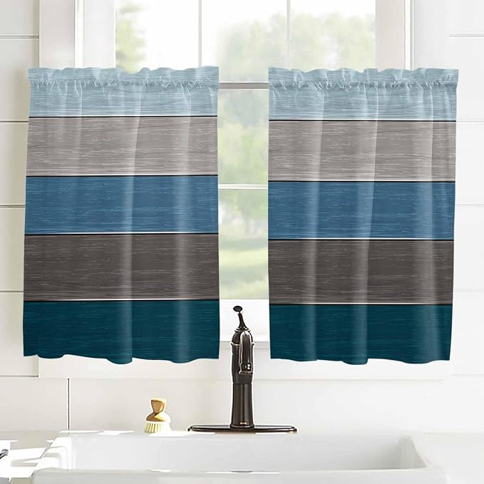 Retro Farm Blue Gray Wood Grain Window Valance Curtains, Rustic Wooden Plank - Image 8