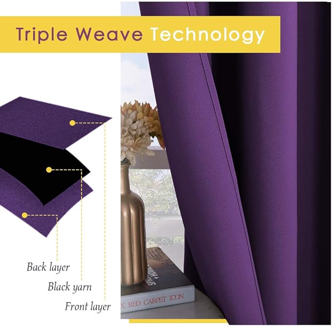 NICETOWN Blackout Curtain Panels for Kids Room, Triple Weave Home Decoration Thermal Insulated Solid Ring Top Blackout Curtains/Drapes (Set of 2, 70 x 84 inches, Royal Purple)