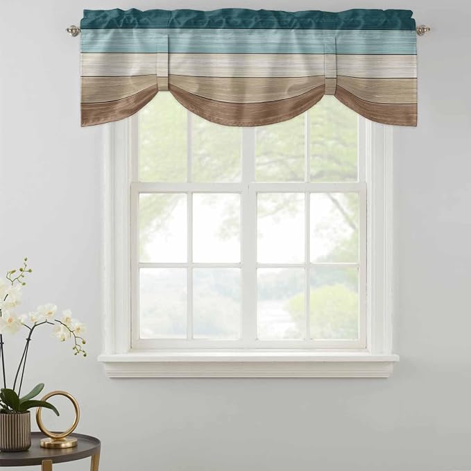 Teal Brown Tie Up Valance Curtains - Image 2