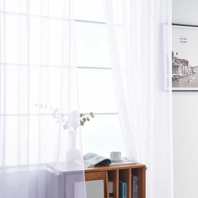 SpaceDresser Optical White Sheer Curtains 4 Panels Rod Pocket Semi-Sheer Curtain 90 Inches Long Light Filtering Voile Window Drapes for Bedroom Living Room Kitchen, Each 52W x 90L