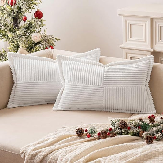 MIULEE Decorative Lumbar Throw Pillow Covers for Couch Bed Livingroom 12x20 Inch Set of 2 White Boho Accent Throw Pllows Broadside Striped Patchwork Soft Corduroy Pillowcases