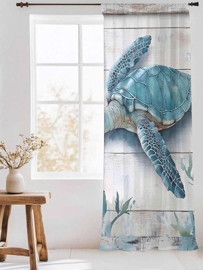 Sheer Curtains 96 Inches Long, Teal Green Sea Turtle Semi Sheer Curtains Light - Image 3