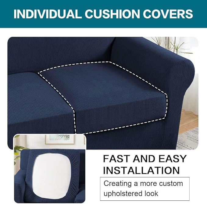 Turquoize 4 Piece Sofa Covers for 3 Cushion Couch Sofa Slipcover Soft Couch Cover for Dogs-Washable Sofa Furniture Covers with 3 Individual Cushion Covers, Jacquard Fabric (3 Cushion Sofa, Navy)