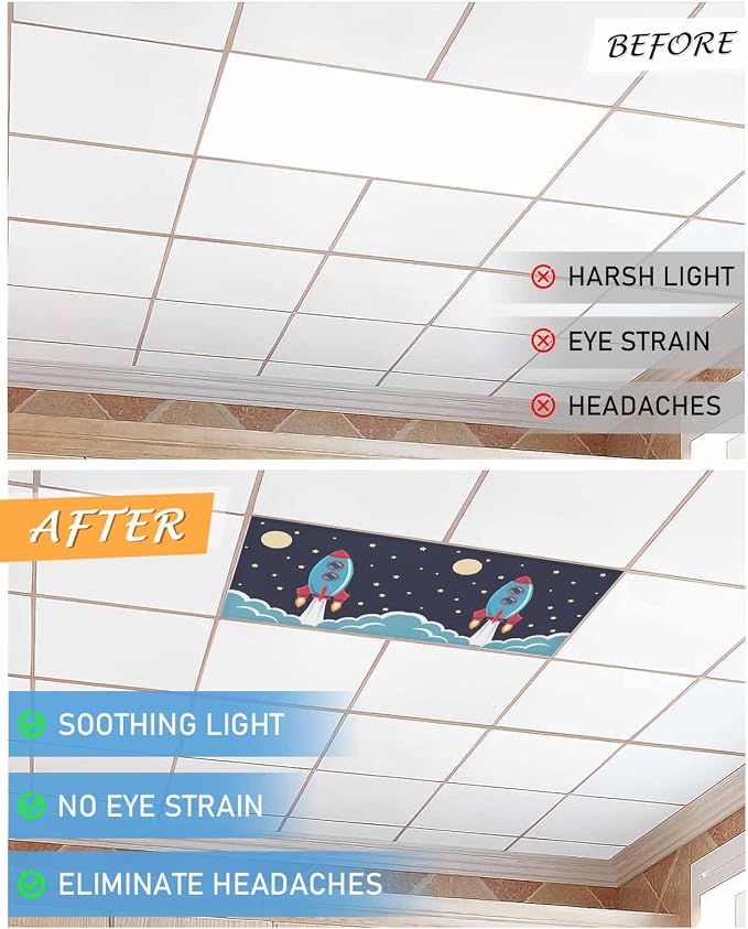 Yukro 2 Pack Cute Cartoon Fluorescent Light Covers Rocket Moon Stars Night Sky - Image 7