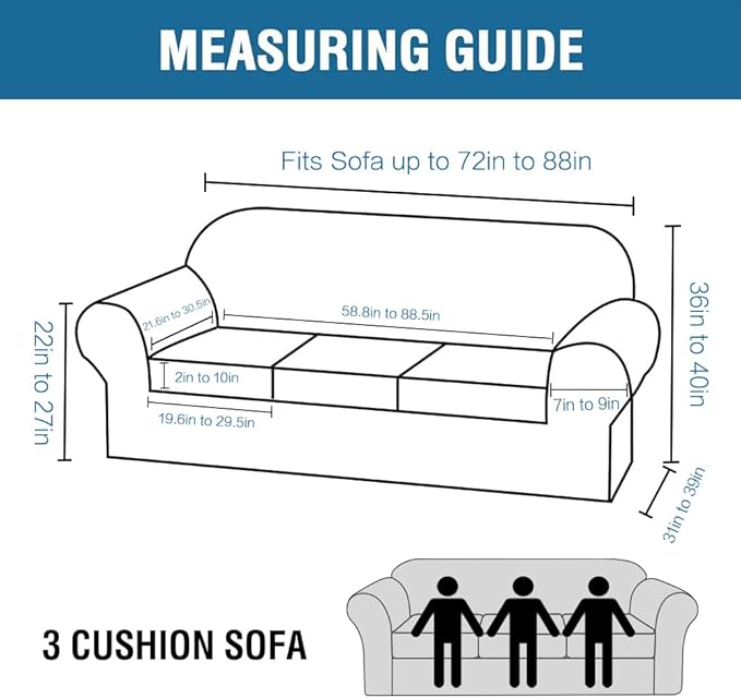 H.VERSAILTEX 4 Piece Stretch Sofa Covers for 3 Cushion Couch Covers for Living Room Furniture Slipcovers (Base Cover Plus 3 Seat Cushion Covers) Upgraded Thicker Jacquard Fabric (Sofa, Grey)