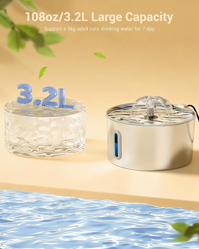 Stainless Steel Cat Water Fountain - 108oz/3.2l Metal Pet Water Bowl Dispenser - Image 2