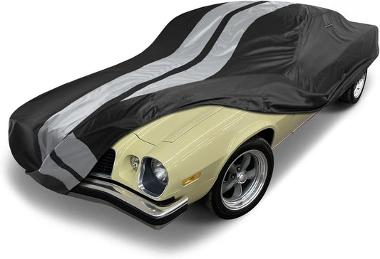 iCarCover Custom Car Cover Compatible with Camaro 1974-1981, Waterproof All Weather Rain Snow UV Sun Protector Full Exterior Indoor Outdoor Car Covers, Stripe (Black/Gray)