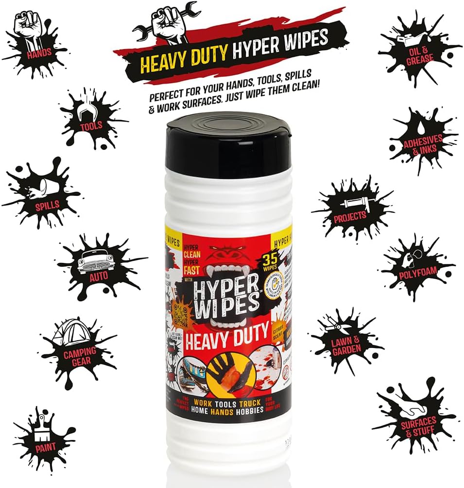 Hyper Wipes, 12 Pack Heavy Duty Hand & Tool Cleaning Wipes, 7"x12" Size Multi-Surface Cleaning Wipes, Degreasing, All Purpose Cleaner, Bathroom, Mechanic, Work Surface Wipes, 420 Count Canister