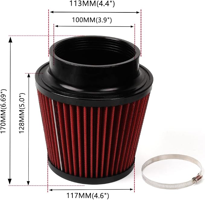 Red 4" 100mm Inlet Cone Replacement Dry Air Filter High Flow Car Performance - Image 5