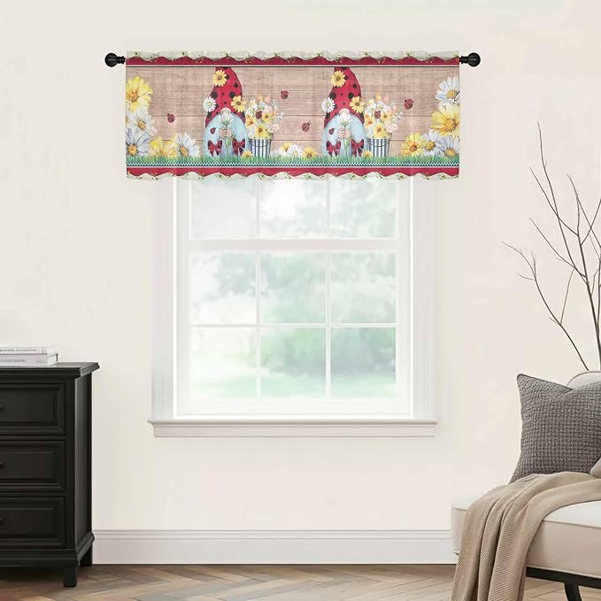 Ladybug Gnome Sheer Valance Curtains, Country Summer Rustic White Yellow Daisy - Image 5