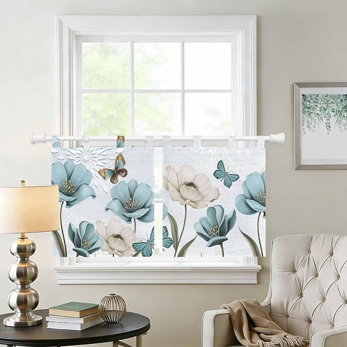 Blue Tulips Kitchen Curtains 24 Inch Length, Small Window Curtains Tab Top - Image 2