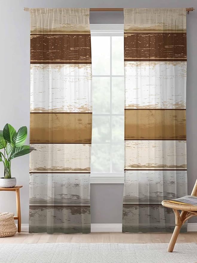 Sheer Curtains 84 Inches Long, Vintage Country Geometric Striped Privacy Voile - Image 5