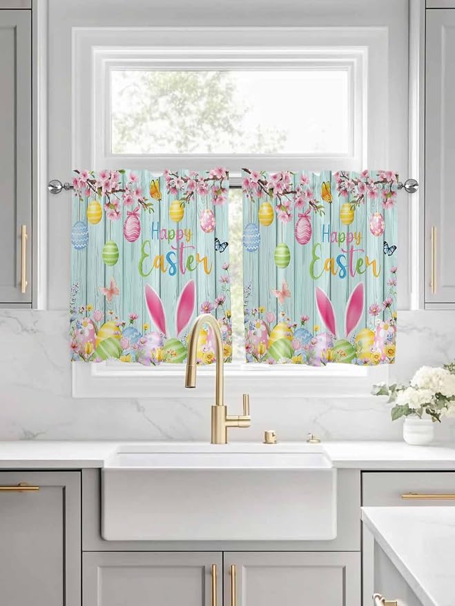 Happy Easter Half Window Curtain 36 Inches Long, Spring Bunny Eggs Flower Teal - Image 3