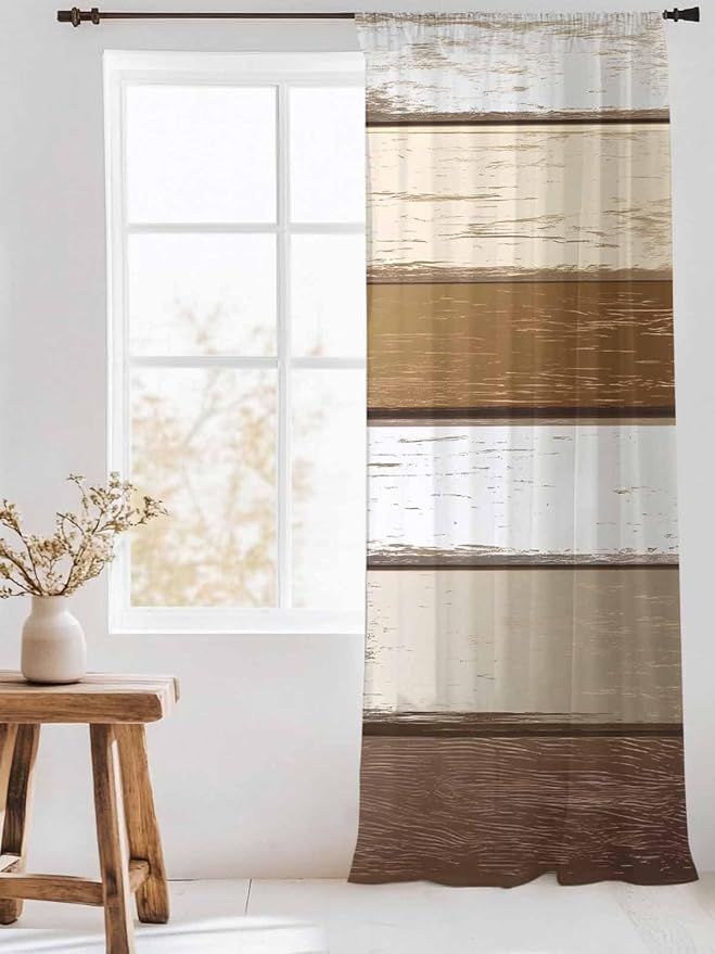Sheer Curtains 108 Inches Long, Vintage Geometric Brown Semi Sheer Curtains - Image 3