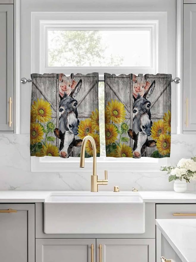 Farmhouse Half Window Curtains 24 Inches Long, Vintage Sunflowers Animals - Image 3