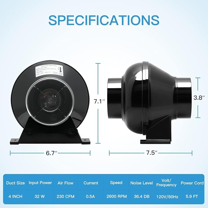 iPower 4 Inch 195 CFM Inline Fan, Air Carbon Filter, 8 Feet PVC Ducting - Image 4