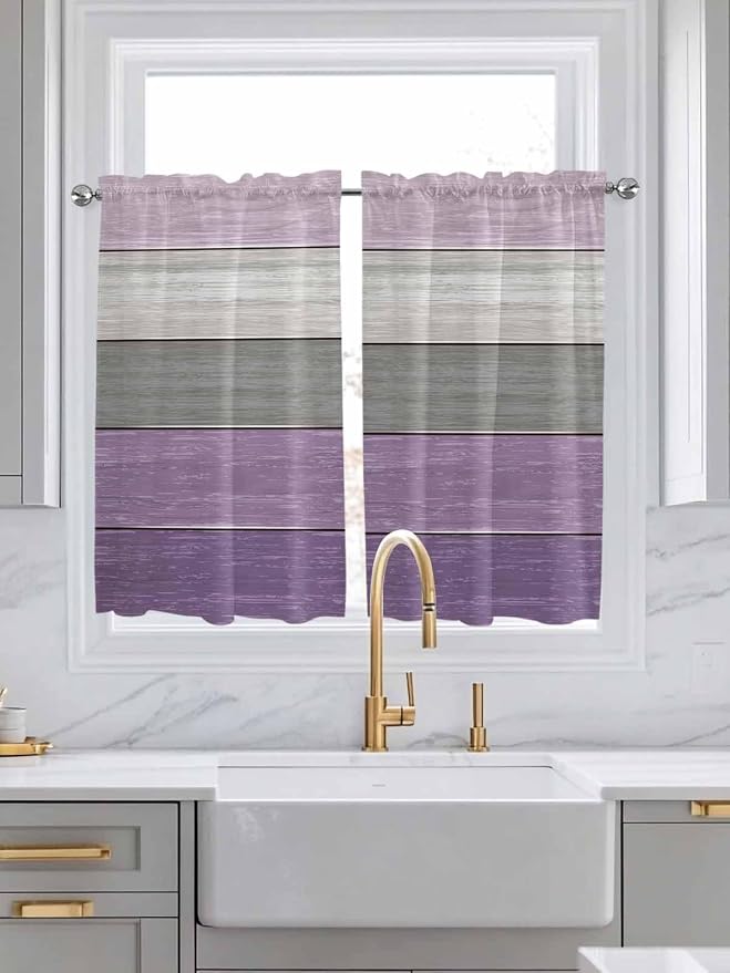 Country Wood Board Gray Purple Window Valance Curtains, Farmhouse Gradient by IDOWMAT