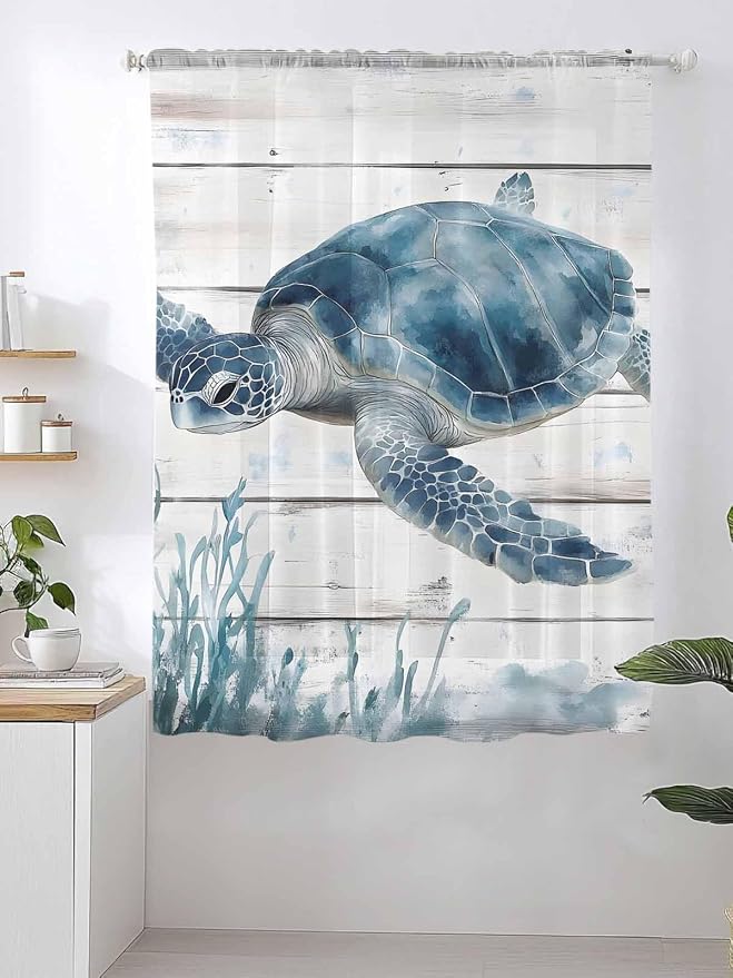 Sheer Curtains 72 Inches Long, Ocean Sea Turtle Semi Sheer Curtains Light - Image 2