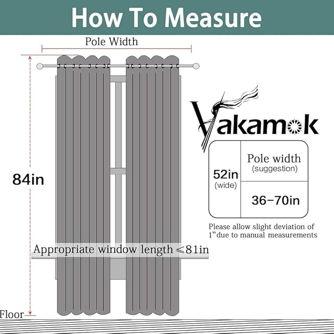 Yakamok Grey Room Darkening 100% Blackout Curtains Grommet Window Treatments with 2 Thick Layers-Gray Thermal Insulated Drapes Set of 2 Panels for Bedroom Living Room 52 Inches by 84 Inches Length