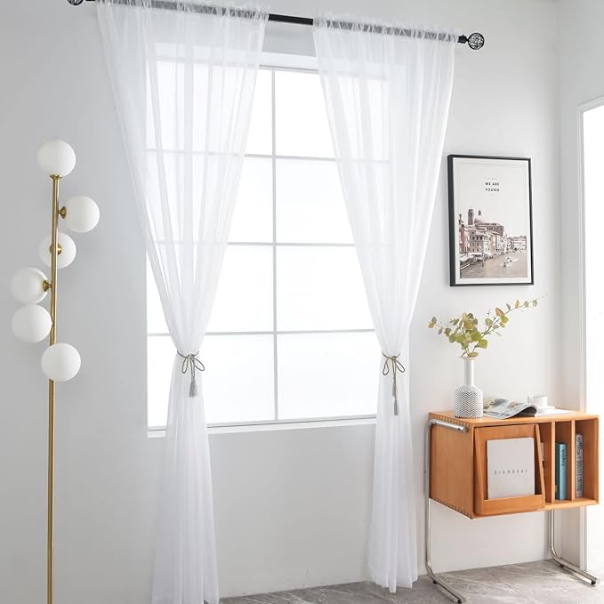 SpaceDresser Basic Rod Pocket Sheer Voile Window Curtain Panels White 1 Pair 2 Panels 38 Width 54 Inch Long for Kitchen Bedroom Children Living Room Yard(White,38 W x 54 L)