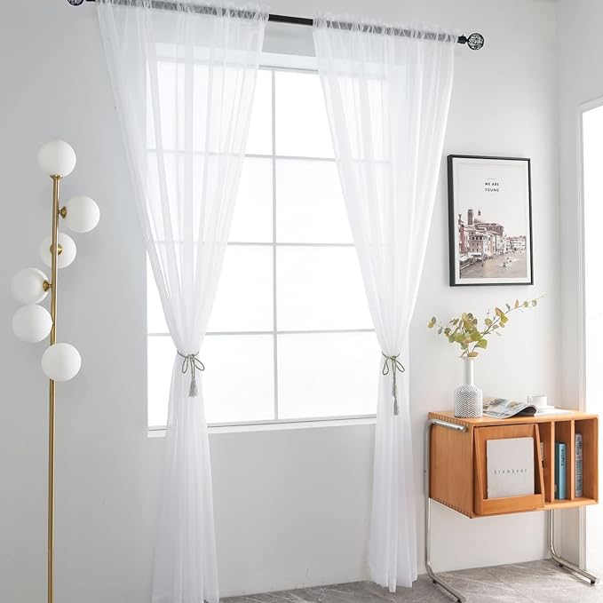 SpaceDresser Basic Rod Pocket Sheer Voile Window Curtain Liners White 2 Panels 52 Width 45 Inch Long for Kitchen Bedroom Children Living Room Yard(White,52 W x 45 L)