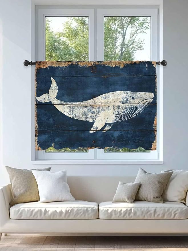 Sheer Curtains 45 Inch Length, Ocean Whale Blue Semi Sheer Curtains Light - Image 4
