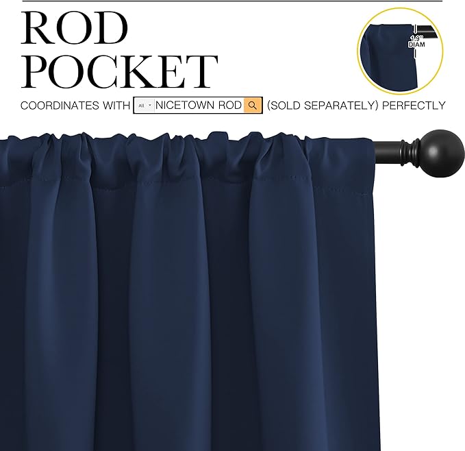 NICETOWN Blackout Curtains for Bedroom, Blackout Draperies, Home Decorations Thermal Insulated Solid Rod Pocket Blackout Drapes for Cafe (Navy, One Pair, 62 x 63-inch)