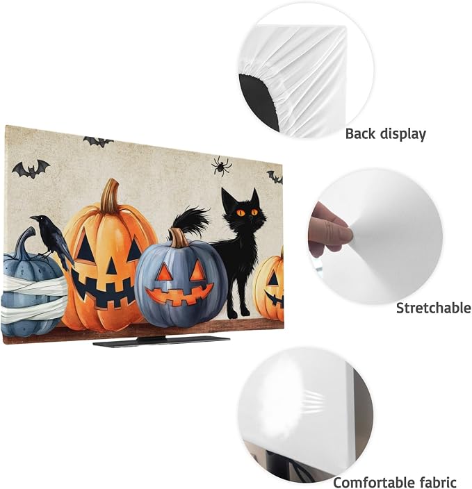 Halloween Pumpkin Ghost Black Cat Indoor TV Cover, Elastic TV Screen Protector - Image 7