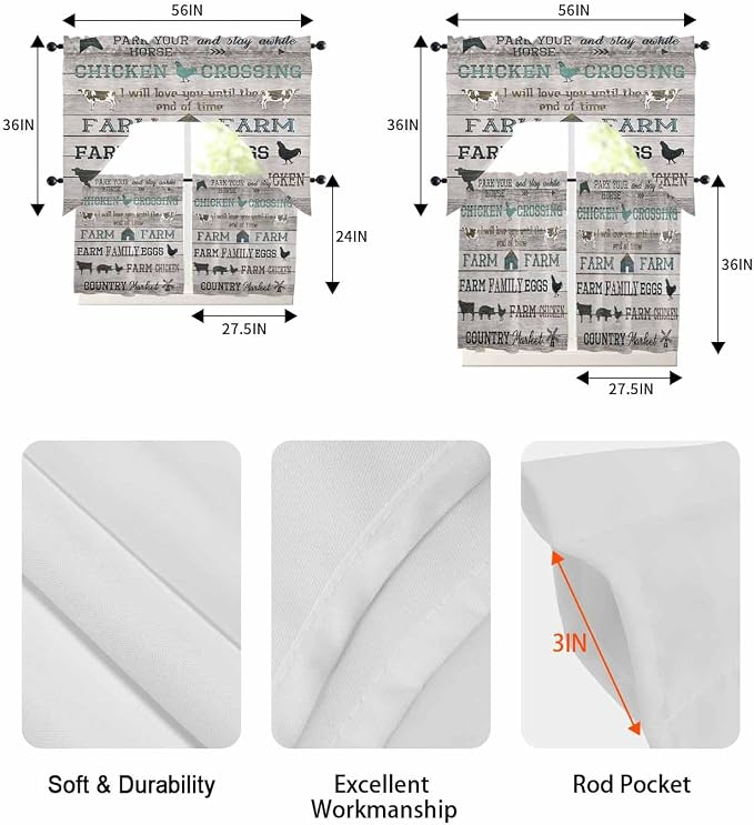 Farmhouse Swag Kitchen Curtains Valance and Tier Set, Rod Pocket Short Curtain - Image 6