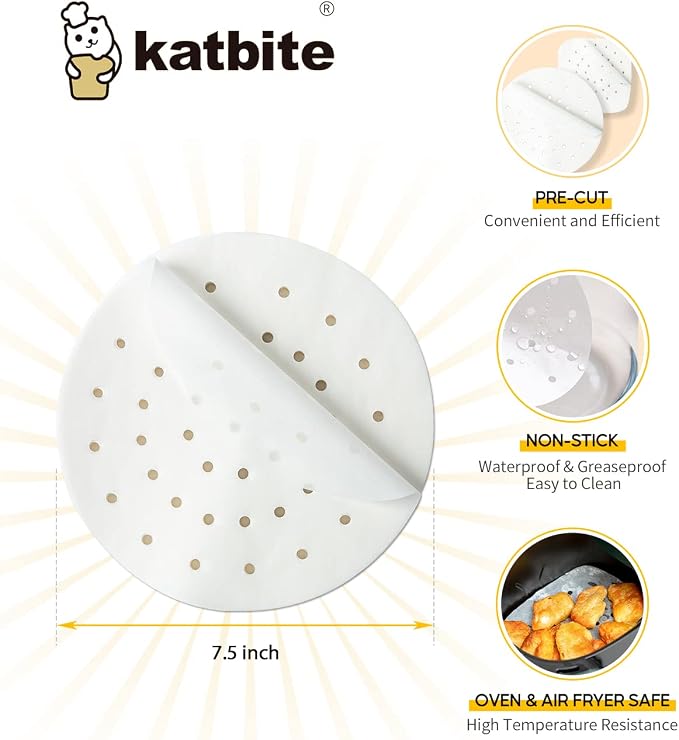 Katbite Air Fryer Parchment Paper Liners 120Pcs, 7.5 inch Perforated Parchment - Image 2