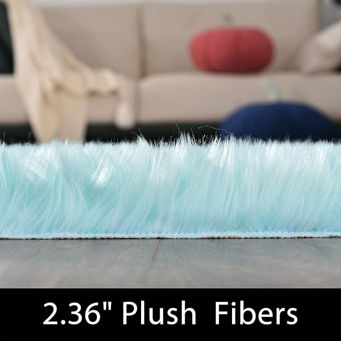 Latepis High Pile Faux Fur Area Rug, 4x6 ft, Light Blue, Living Room, Bedroom Decor, Washable, Fluffy, Luxury Home Decor