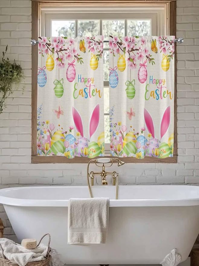 Happy Easter Tier Curtains 45 Inches Long, Spring Farmhouse Bunny Eggs Flower - Image 7