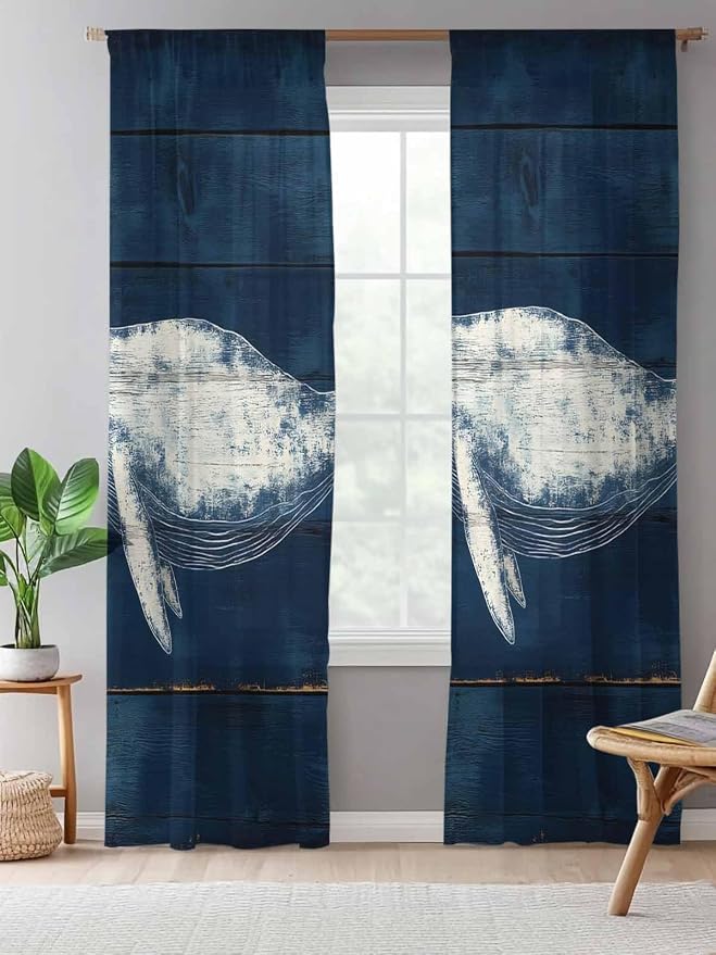 Sheer Curtains 84 Inches Long, Summer Whale Semi Sheer Curtains Light Filtering - Image 5
