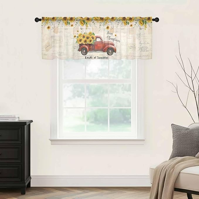 Farmhouses Sunflowers Sheer Valance Curtains, Retro Floral Leaves Red Truck - Image 5