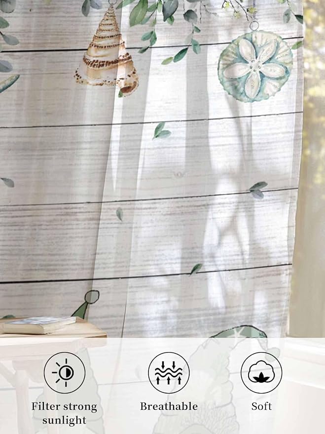 Sheer Curtains 45 Inch Length, Coastal Eucalyptus Leaf Semi Sheer Curtains - Image 6