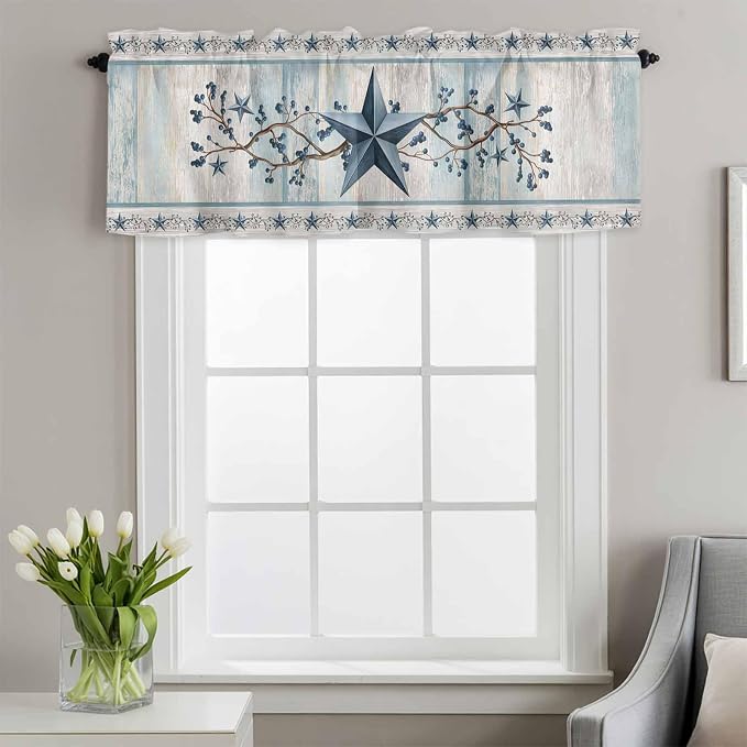 Blue Texas Star Valances for Windows, Vintage Star Berry Blue Beige Wood Grain - Image 2