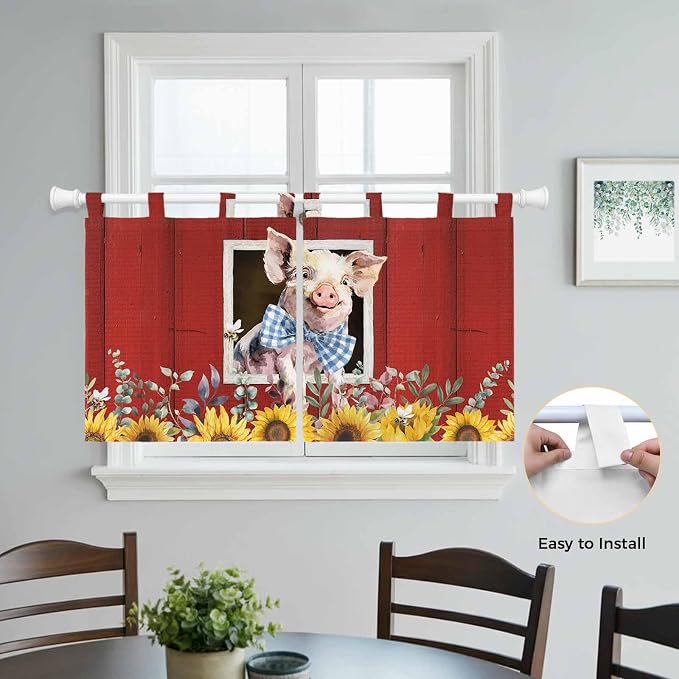 Pig Sunflowers Kitchen Curtains 36 Inch Length, Small Window Curtains Tab Top - Image 4