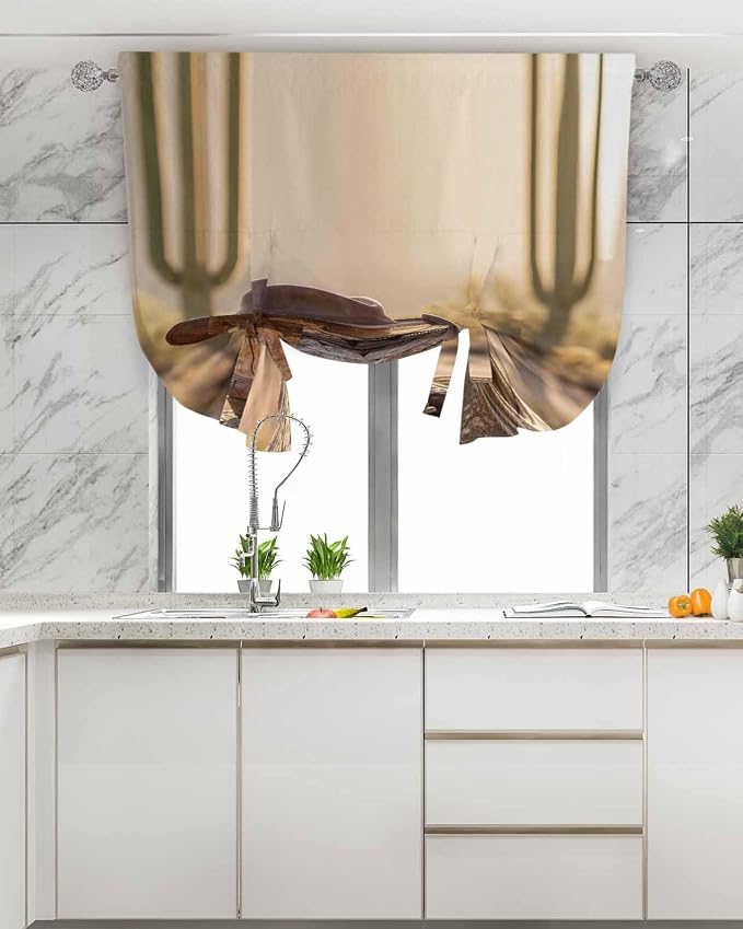 Tie Up Curtains for Windows, Cowboy Western Adjustable Balloon Nature Linen - Image 4