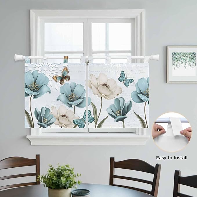 Blue Tulips Kitchen Curtains 24 Inch Length, Small Window Curtains Tab Top - Image 4
