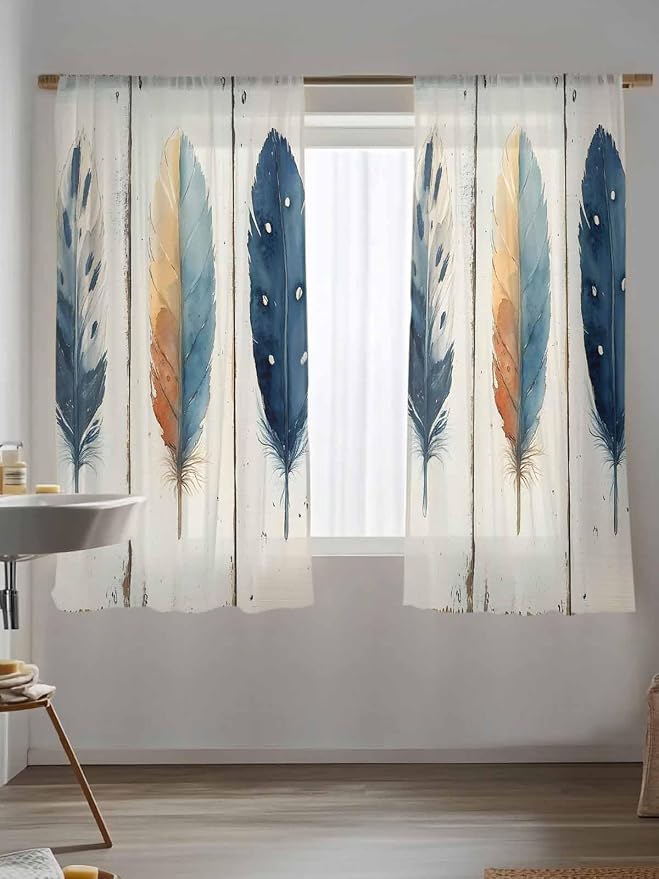 Sheer Curtains 63 Inch Length, Boho Ombre Vintage Wooden Grain Privacy Voile - Image 5