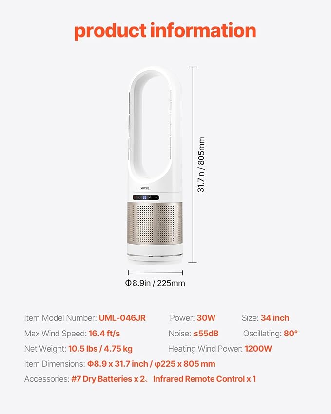 VEVOR Tower Fan Bladeless, 16.4ft/s Velocity Floor Fan - Image 2
