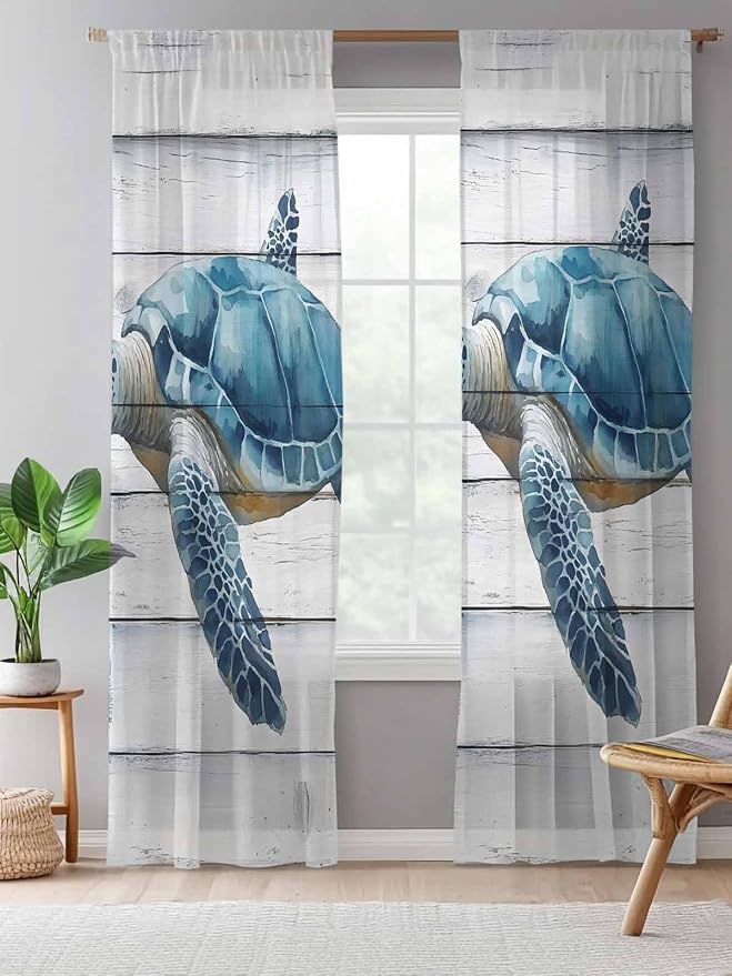 Sheer Curtains 108 Inches Long, Sea Turtle Blue Semi Sheer Curtains Light - Image 5