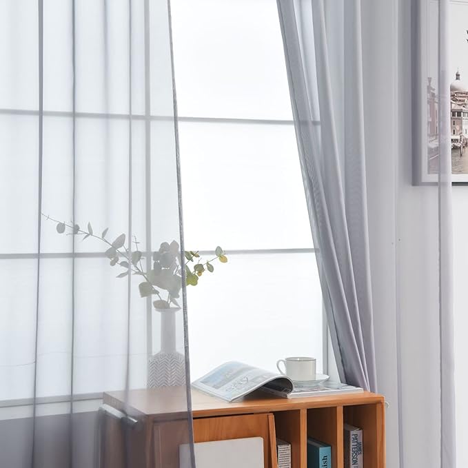 SpaceDresser Sheer Voile Window Treatment Rod Pocket Curtain Panels for Kitchen Bedroom Living Room Drapes Sunlight Filtering Privacy Semi Home Decor Assorted Colors Sizes (Grey, 52 W x 63 L)