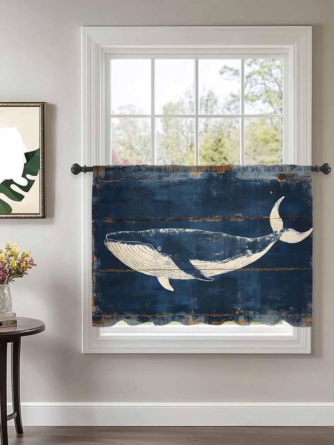 Sheer Curtains 54 Inch Length, Summer Whale Blue Semi Sheer Curtains Light - Image 2