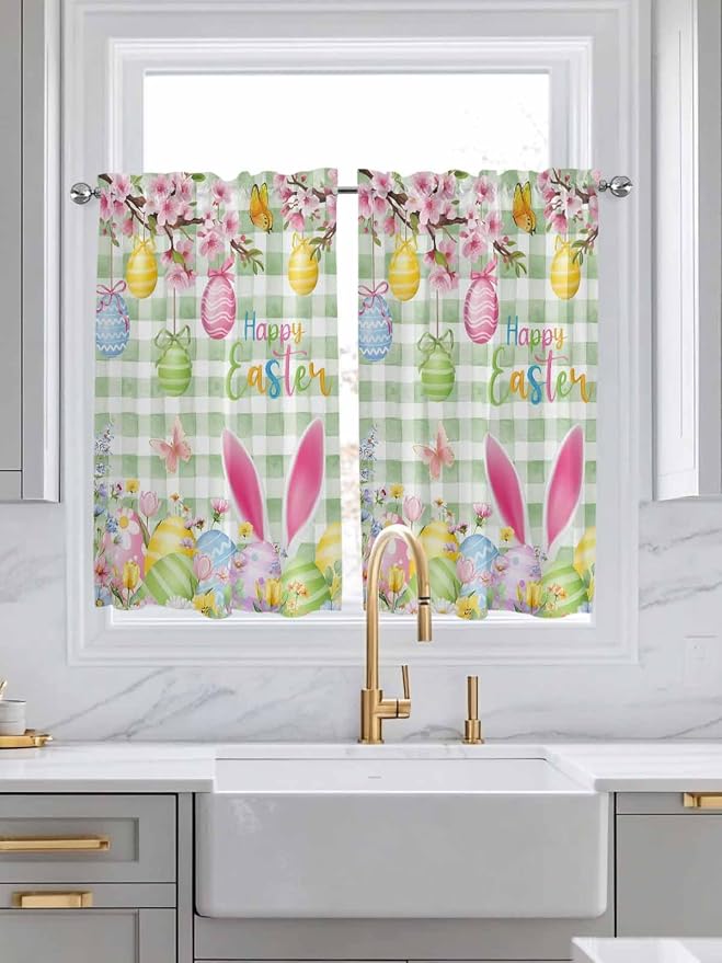 Happy Easter Tier Curtains 45 Inches Long, Spring Bunny Eggs Flower Sage Green - Image 3