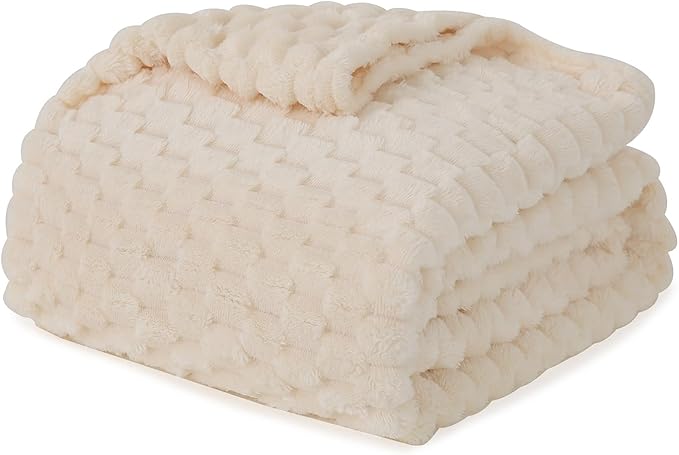 Puncuntex Cream White Throw Blanket 60"×80" inches Fuzzy 3D Jacquard Decorative Flannel Fleece Super Soft Plush Cozy Blanket for Couch Sofa Chair Lightweight