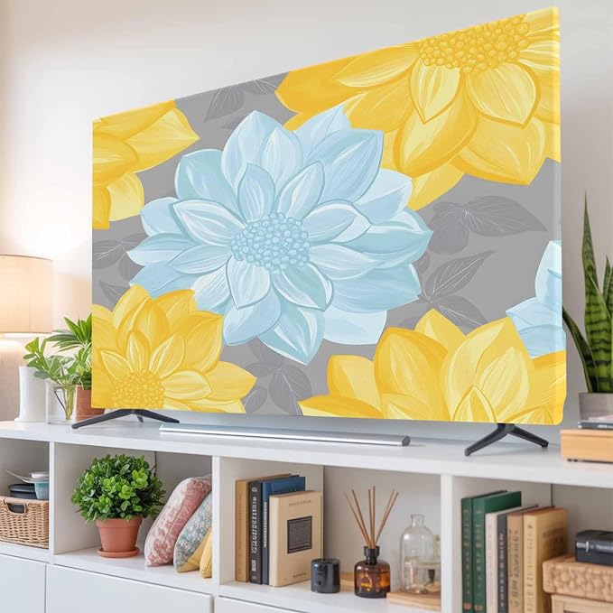 Blue Yellow Floral Abstract Style Indoor TV Cover, Elastic TV Screen Protector by Unknown