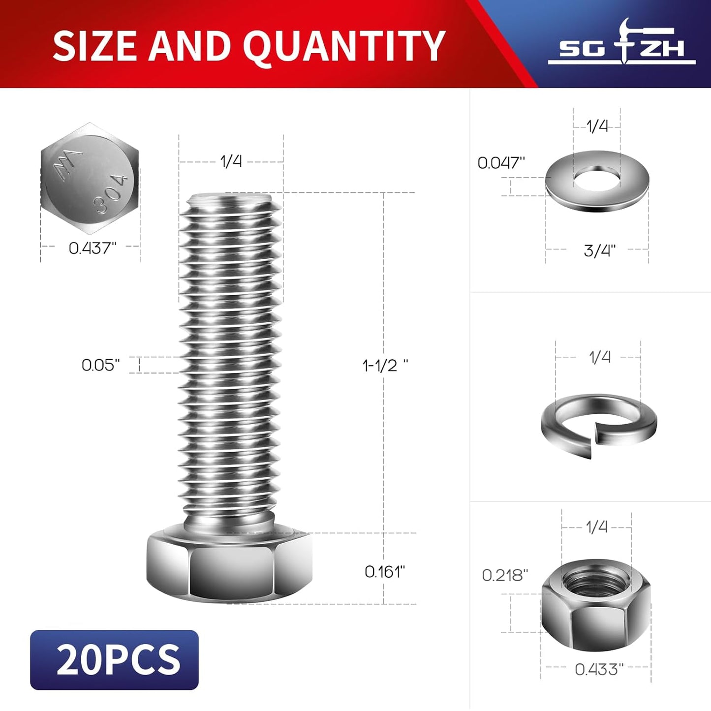 1/4-20 x 1-1/2" Hex Head Screw Bolt, Nuts, Flat & Lock Washers, 20Pcs 18-8 (304) Stainless Steel, Fully Threaded, by SG TZH